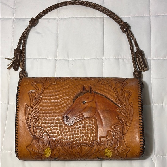 Tooled Leather Purse Shoulder Bag Horse Floral Adjustable Strap - Picture 5 of 9